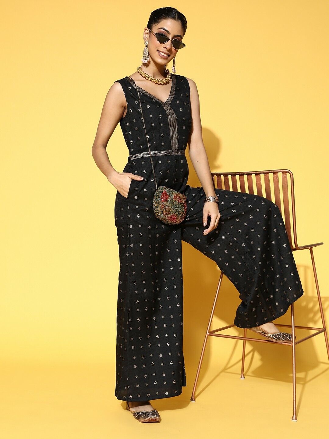 Women Jumpsuit - Black & Golden Ethnic Motifs Printed Flared Ethnic Jumpsuit