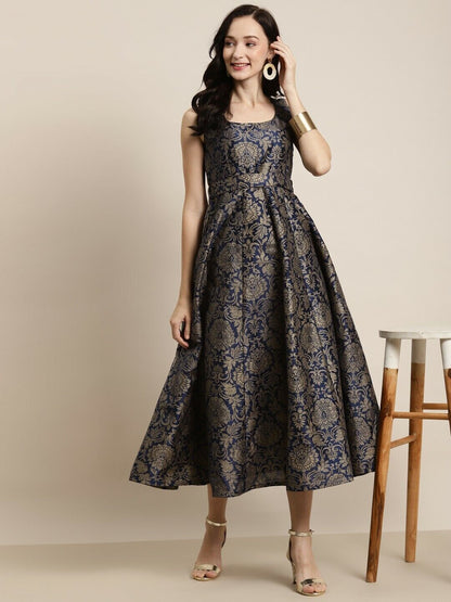 Women Dress - Navy Blue & Gold-Toned Floral Self -Belt Jacquard Maxi Dress