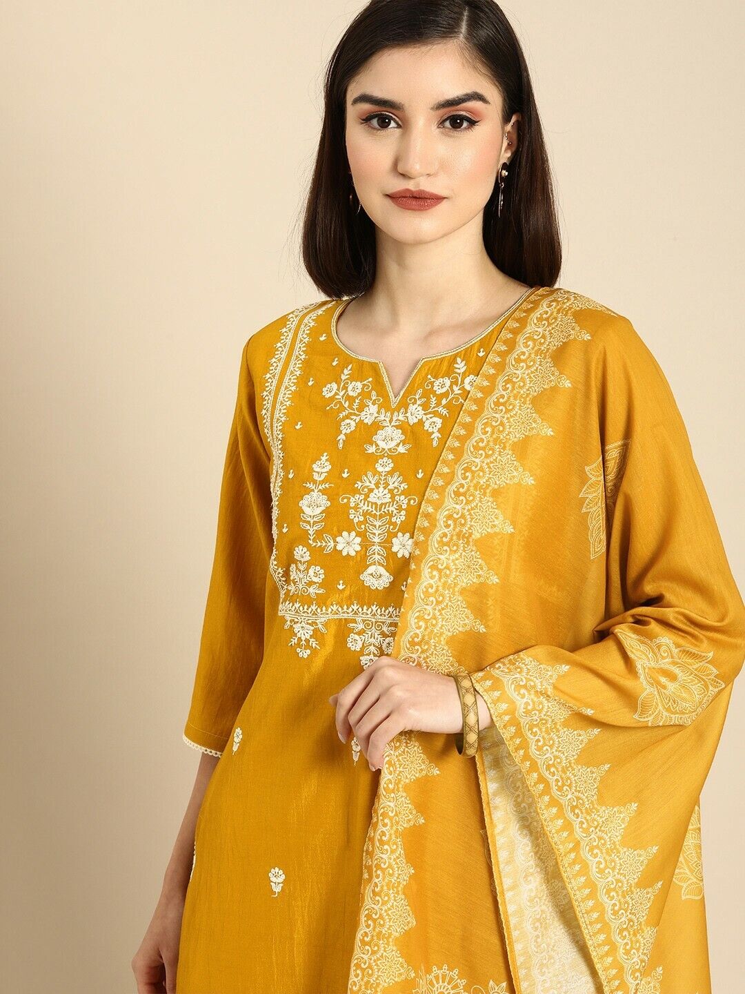 Women Kurta Set -Indian Festival Yellow Embroidered Kurta with Trouser & Dupatta