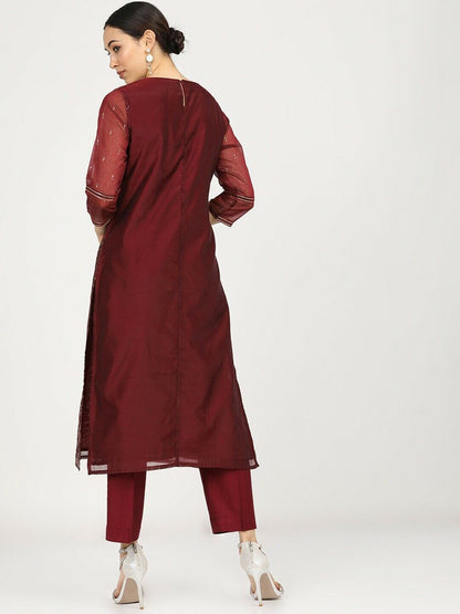 Women Kurta Set- Maroon Ethnic Motifs Regular Kurta with Palazzos & With Dupatta