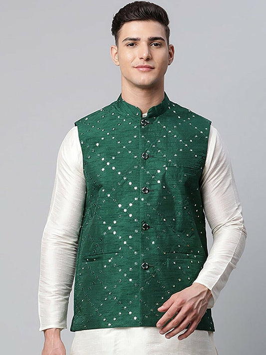 Men Jacket - Men Wedding Wear Green Mirror Work Embroidered Woven Nehru Jacket