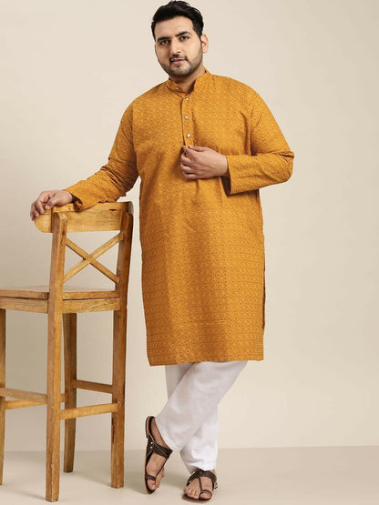 Men Kurta - Indian Traditional Diwali Wedding Mustard Yellow Embroidered Kurta