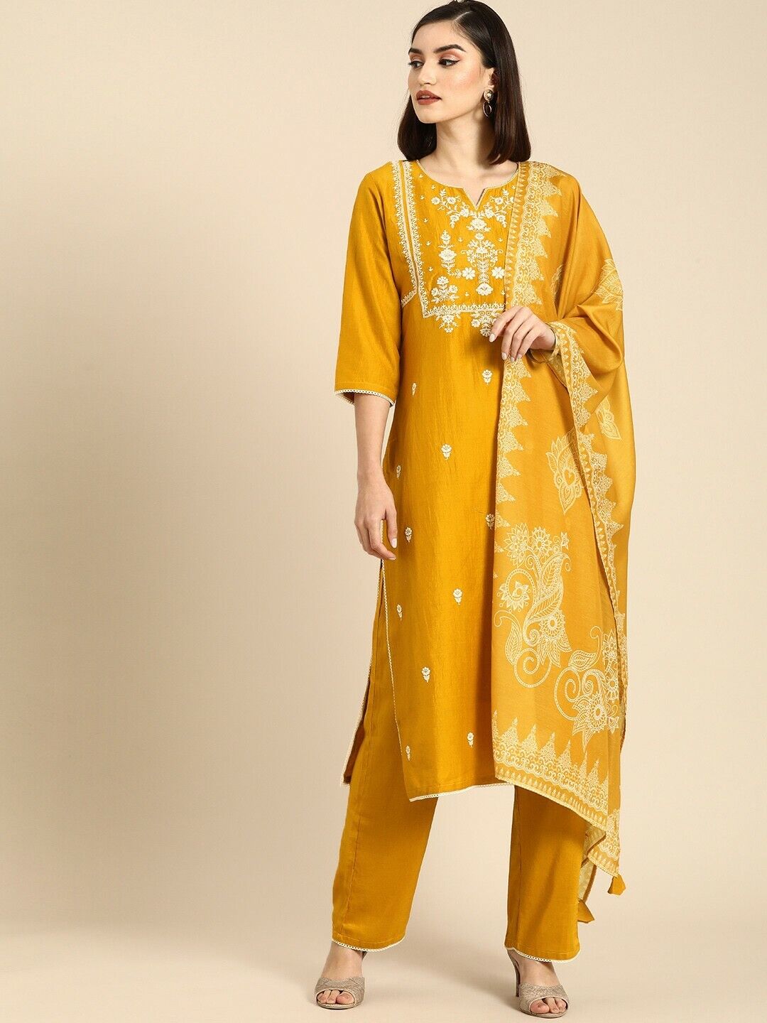 Women Kurta Set -Indian Festival Yellow Embroidered Kurta with Trouser & Dupatta