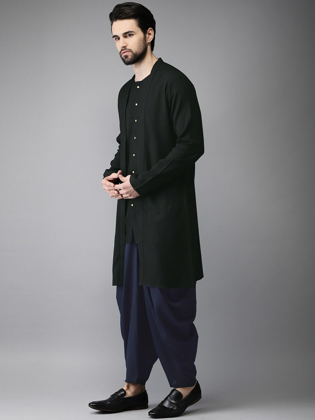 Men Kurta Set - Black & Navy Solid Layered Bollywood Eid Kurta with Dhoti Pants