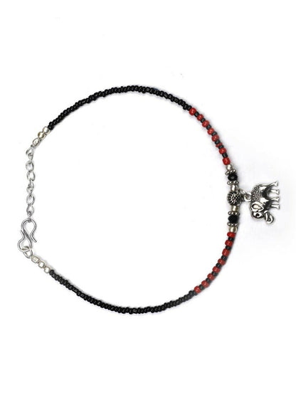 Indian Bollywood Silver-Plated Black & Red Beaded Elephant Traditional Anklets