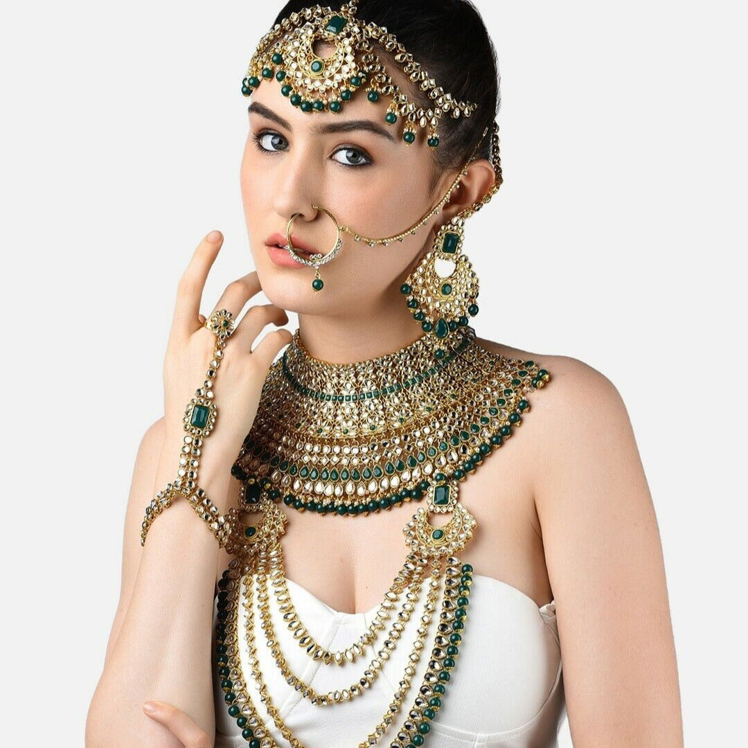 Gold-Plated Green & White Kundan-Studded & Beaded Bollywood Bridal Jewellery Set