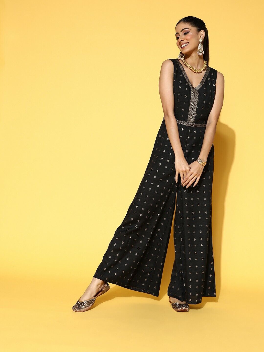 Women Jumpsuit - Black & Golden Ethnic Motifs Printed Flared Ethnic Jumpsuit