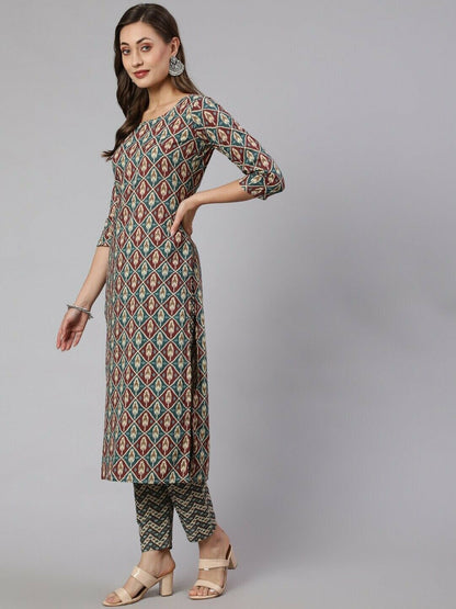 Women Kurta Set - Bollywood Ethnic Motif Printed Pure Cotton Kurta With Trousers