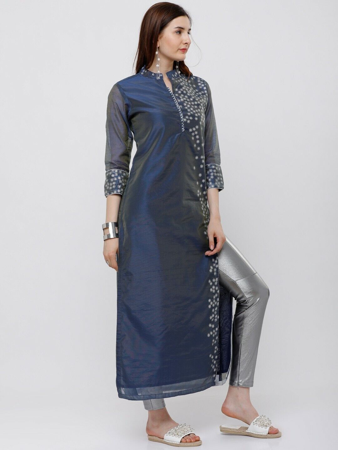 Women Kurta - Blue & Silver-Toned Printed Straight Pakistani Indian Kurta