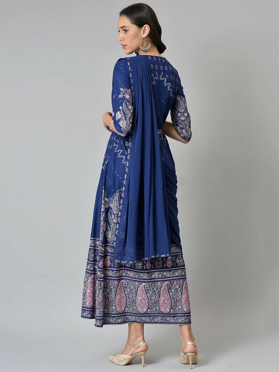 Women Dress - Bollywood India Blue & Silver-Tone Ethnic Motifs Ethnic Maxi Dress