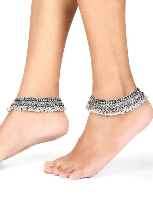 Bollywood Indian Bridal Wedding Jewelry German Silver Oxidised Anklets Set Of 2