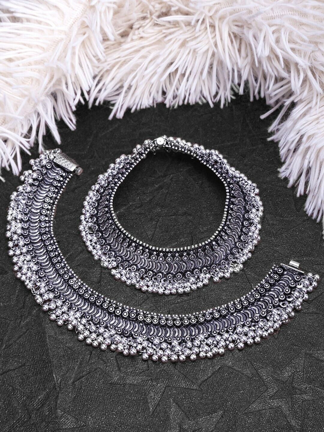 Bollywood Indian Bridal Wedding Jewelry German Silver Oxidised Anklets Set Of 2