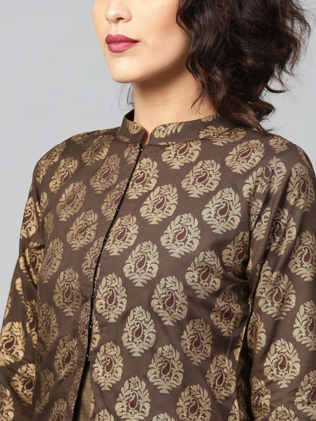 Women Kurta Set - Olive Brown & Golden Printed Kurti with Dhoti Pants & Jacket