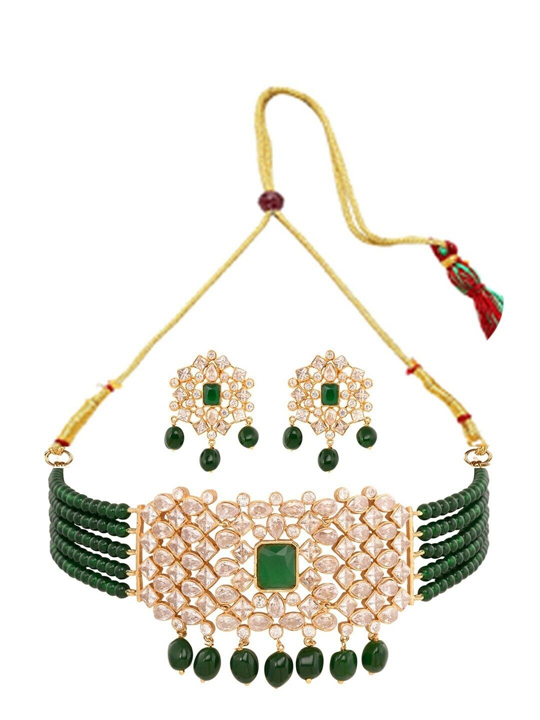 Gold-Plated White & Green American Diamond Studded Choker Indian Jewellery Set