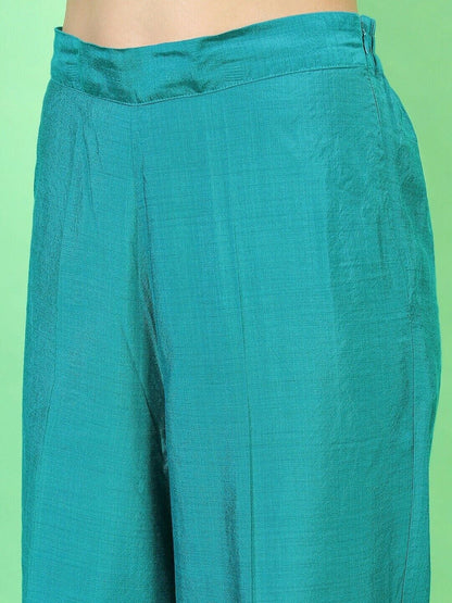 Women Kurta Set -Indian Traditional Diwali Teal High Slit Kurti with Trousers