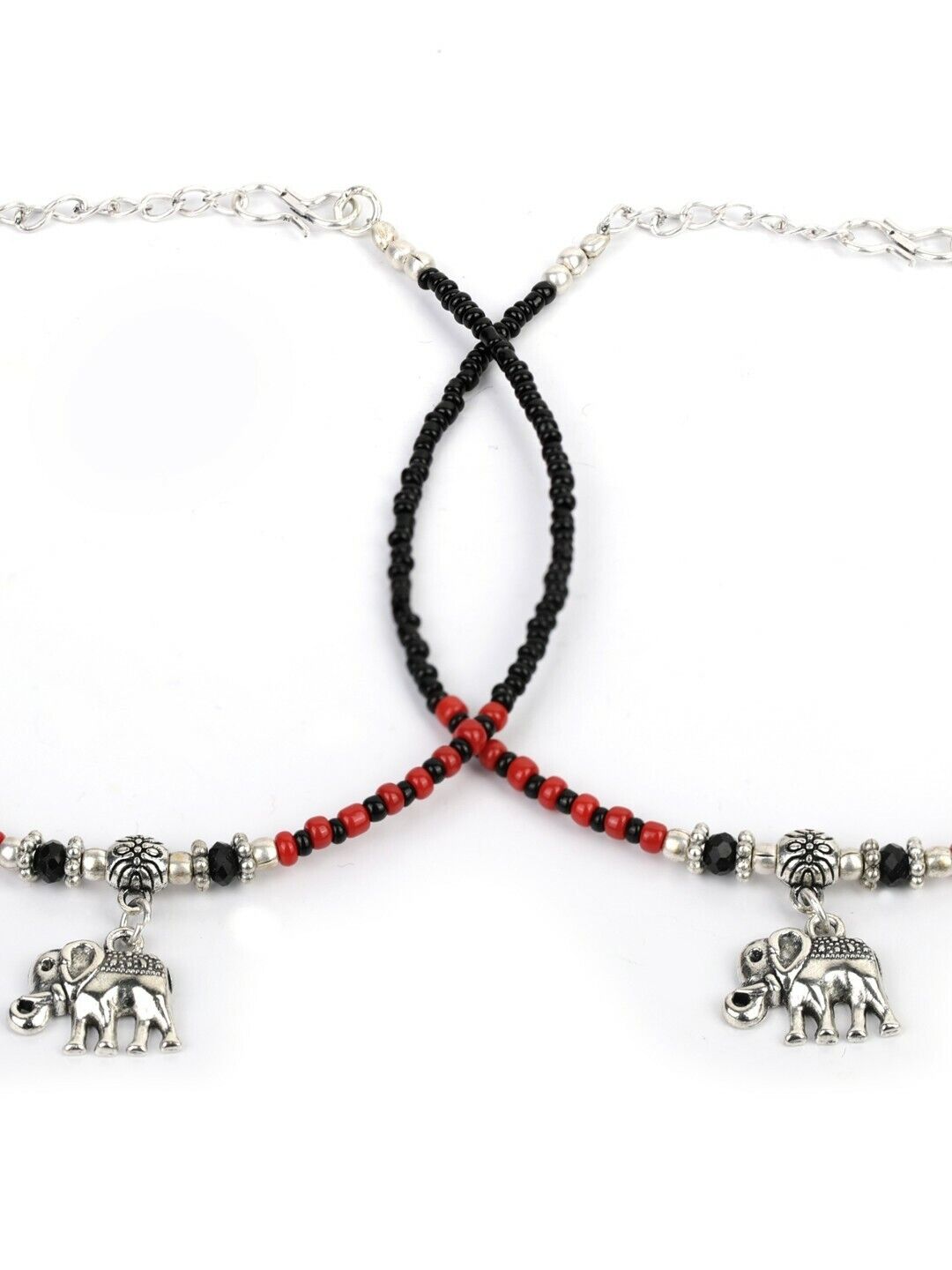 Indian Bollywood Silver-Plated Black & Red Beaded Elephant Traditional Anklets