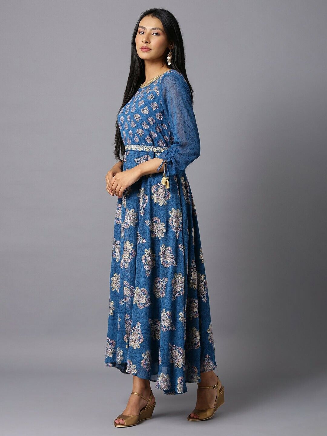 Women Dress - Blue Ethnic Motifs Maxi Bollywood Eid Diwali Bridal Wedding Dress