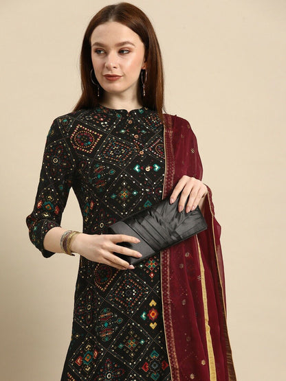 Women Kurta Set - Indian Traditional Diwali Black Ethnic Kurta Palazzos Dupatta