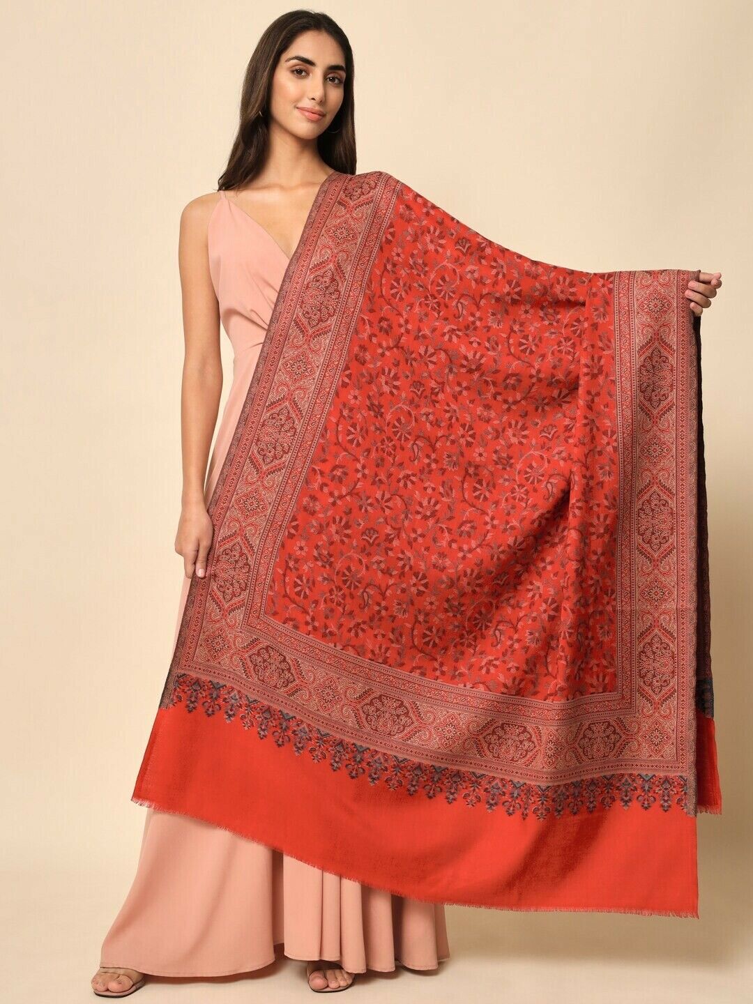 Women Shawl - Bollywood Weddings Bridal Indian Maroon Woven-Design Shawl