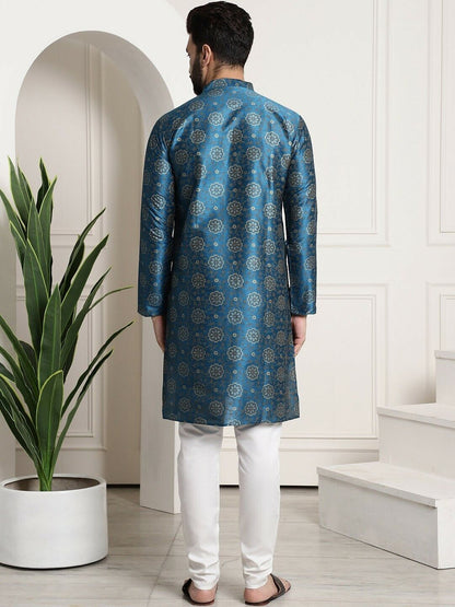 Men Kurta Set - Teal Blue & White Bridal Groomsmen Wedding Kurta with Churidar