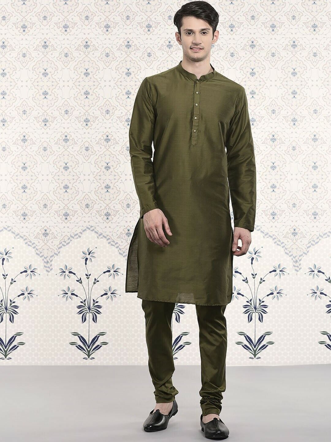 Men Kurta Set - Mandarin Collar Regular Kurta With Churidar With Nehru Jacket