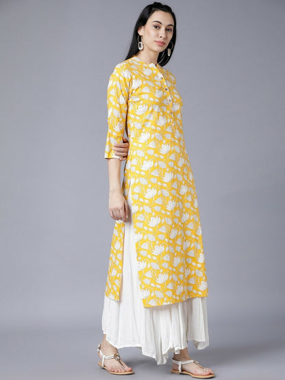 Floral Women Yellow & White Printed Straight Bollywood Indian Kurta Dress Large