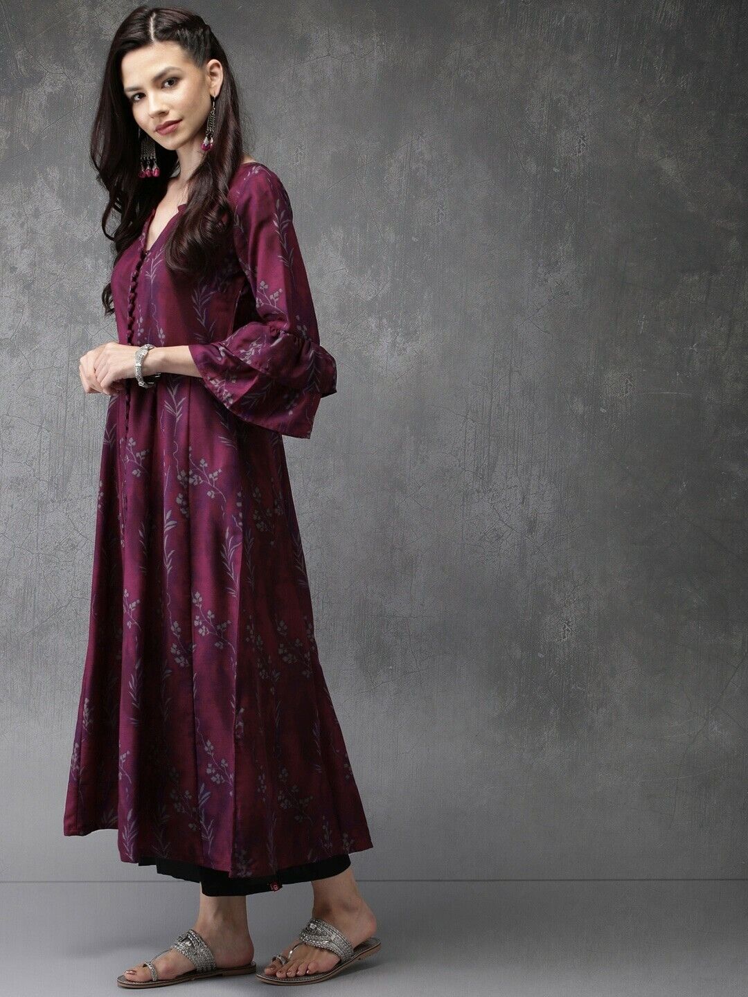 Women Kurta - Women Burgundy Floral Print A-Line Eid DIwali Bollywood Kurta