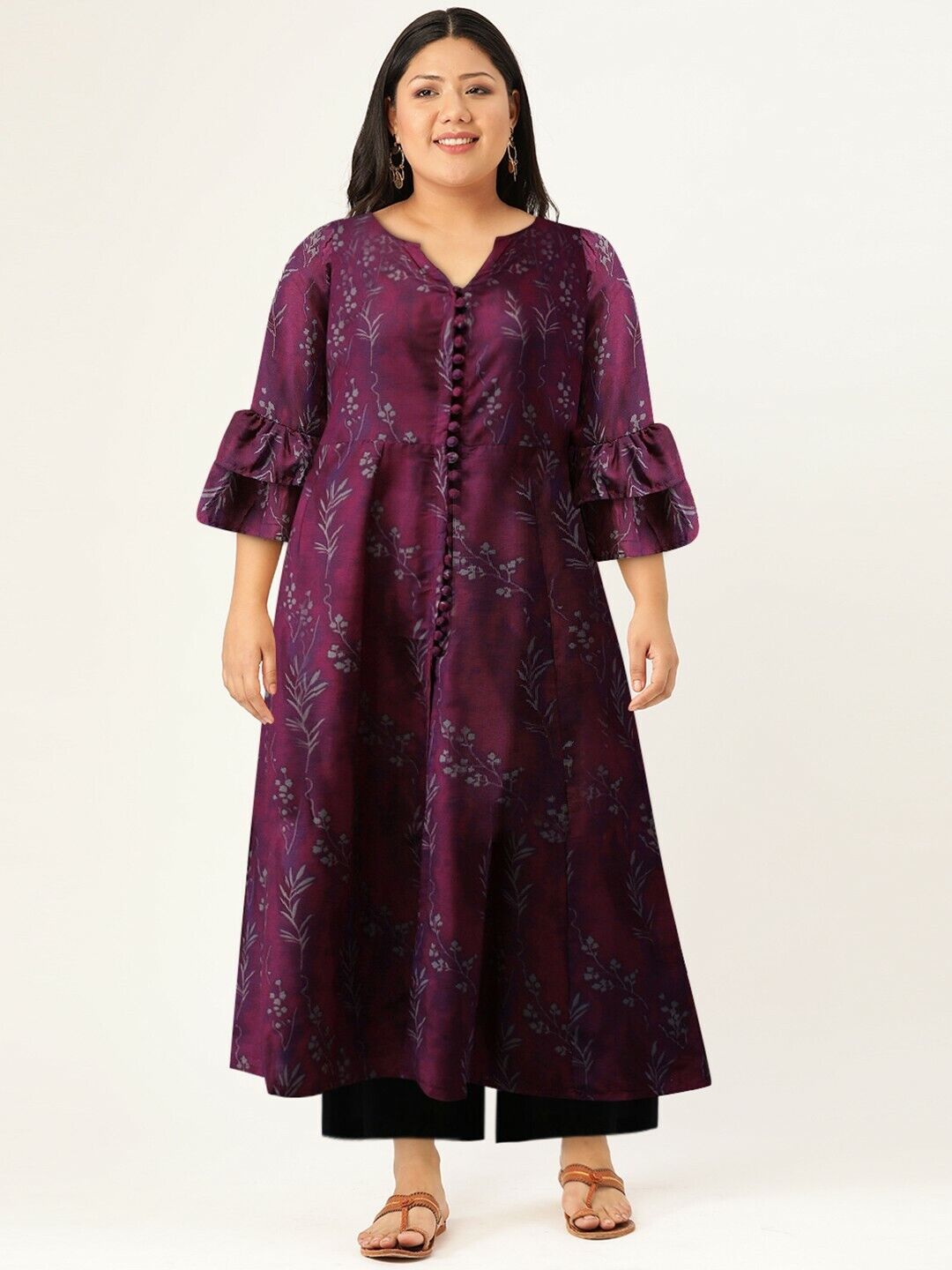 Women Kurta - Women Burgundy Floral Print A-Line Eid DIwali Bollywood Kurta