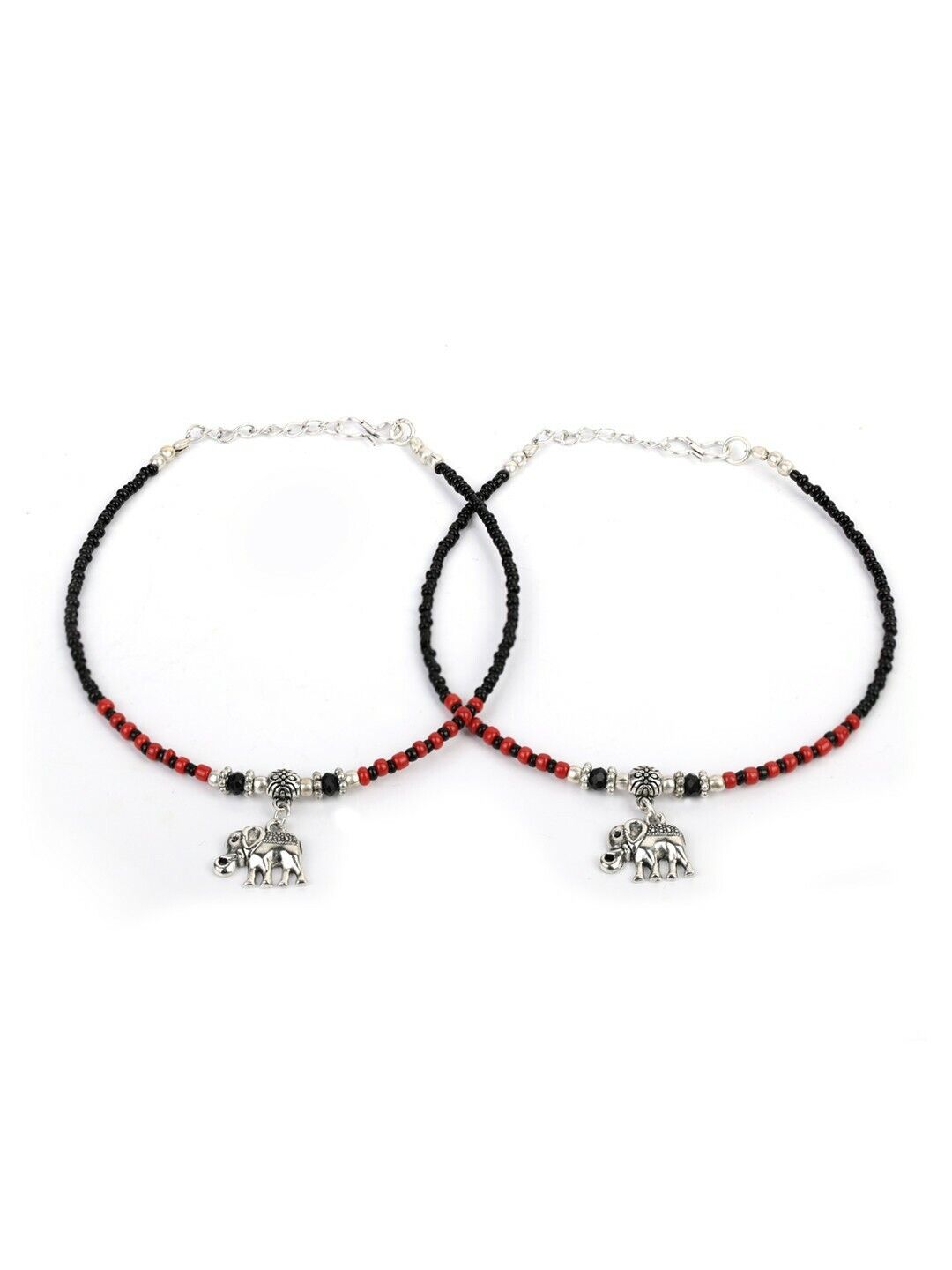 Indian Bollywood Silver-Plated Black & Red Beaded Elephant Traditional Anklets