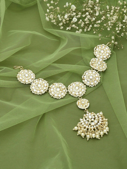 Gold-Plated White Kundan-Studded & Pearl Bollywood Indian Jewelry Mathapatti