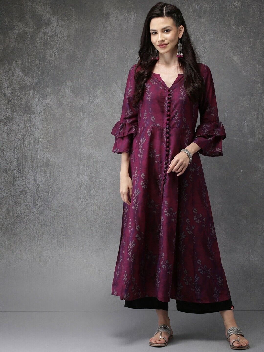 Women Kurta - Women Burgundy Floral Print A-Line Eid DIwali Bollywood Kurta