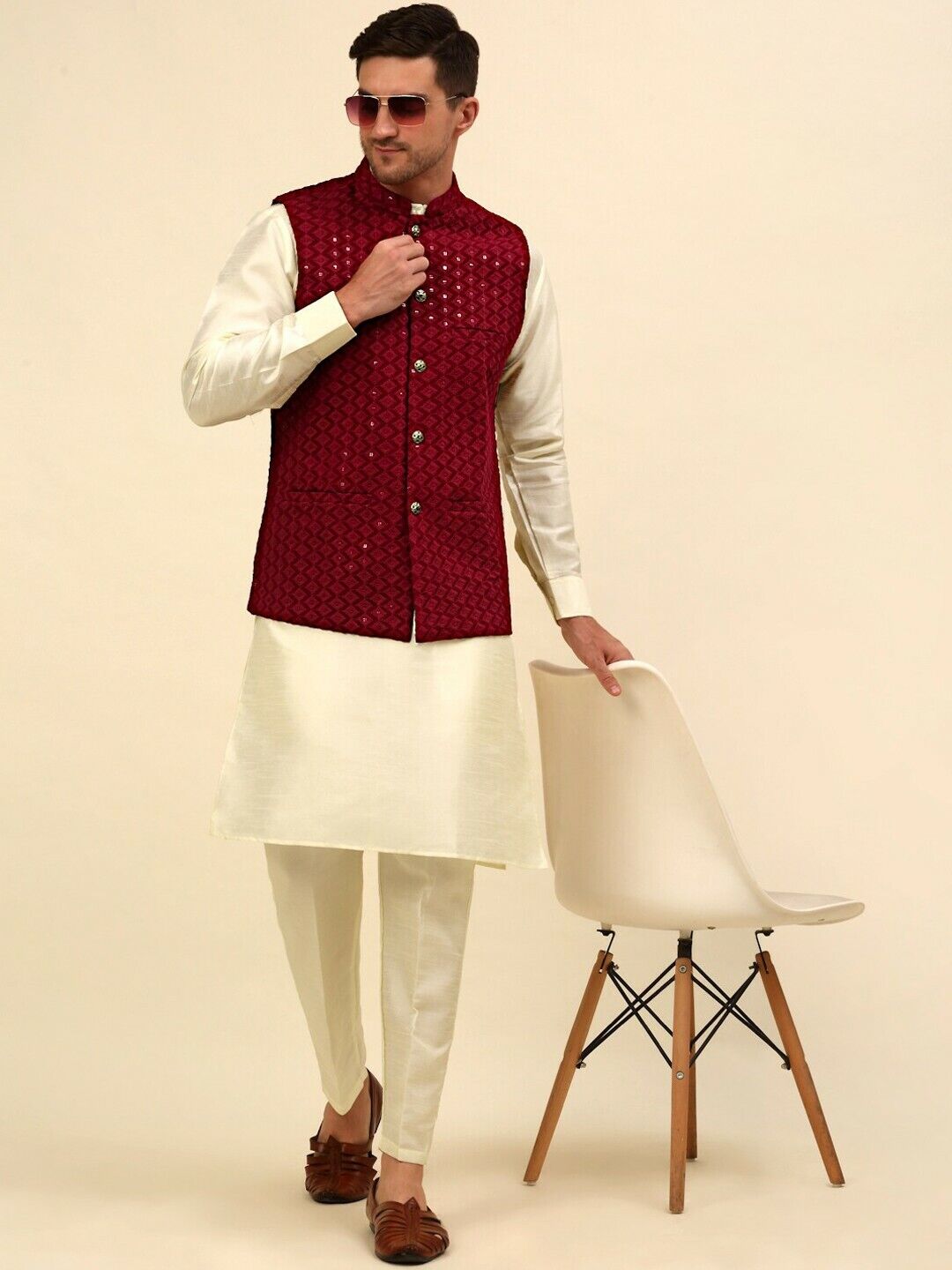 Men Jacket - Maroon Embroidered Sequined Diwali Indian Wedding Nehru Jacket