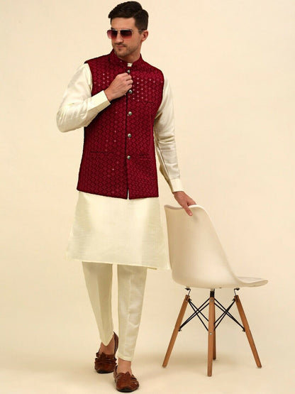 Men Jacket - Maroon Embroidered Sequined Diwali Indian Wedding Nehru Jacket