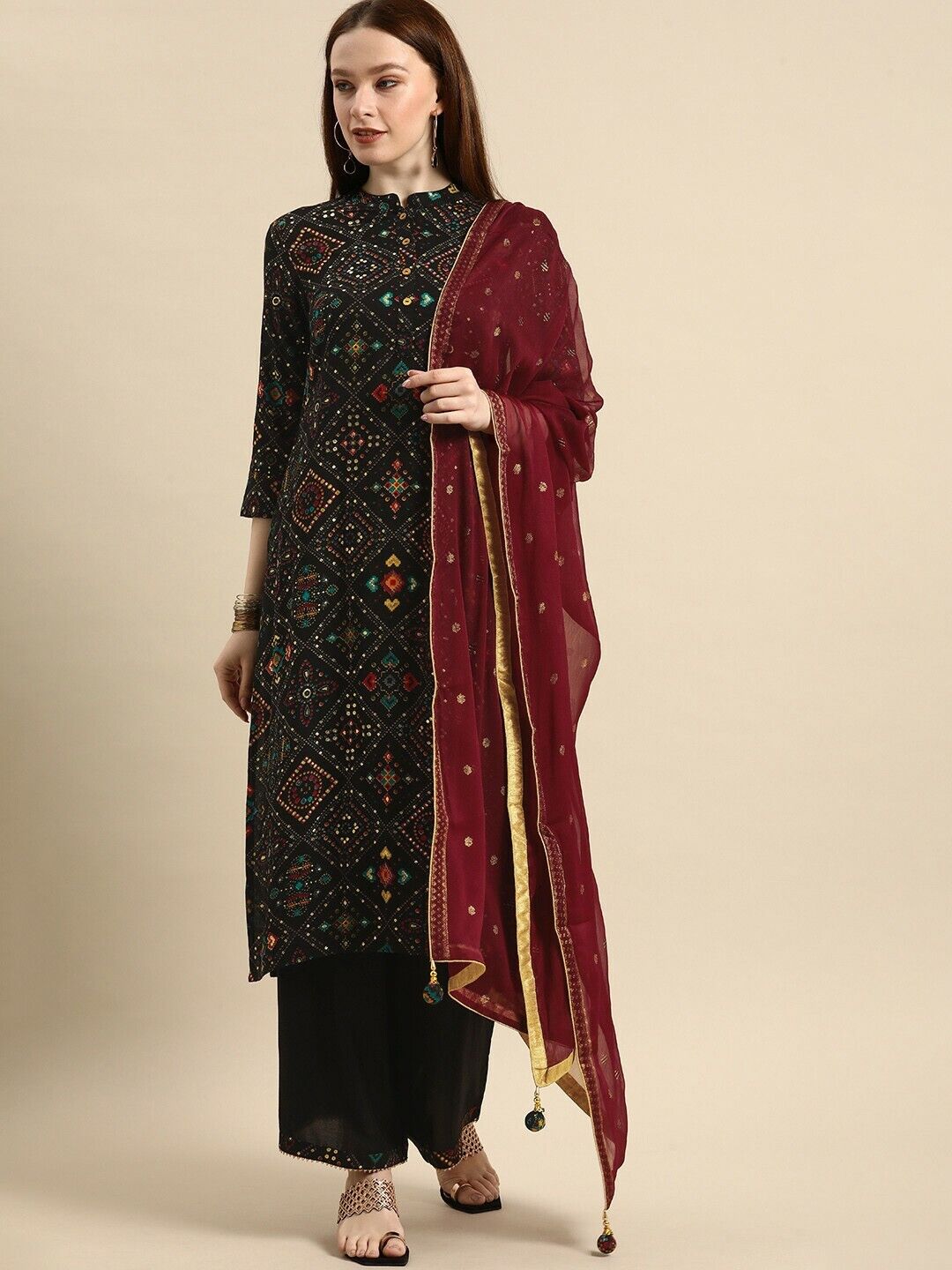 Women Kurta Set - Indian Traditional Diwali Black Ethnic Kurta Palazzos Dupatta