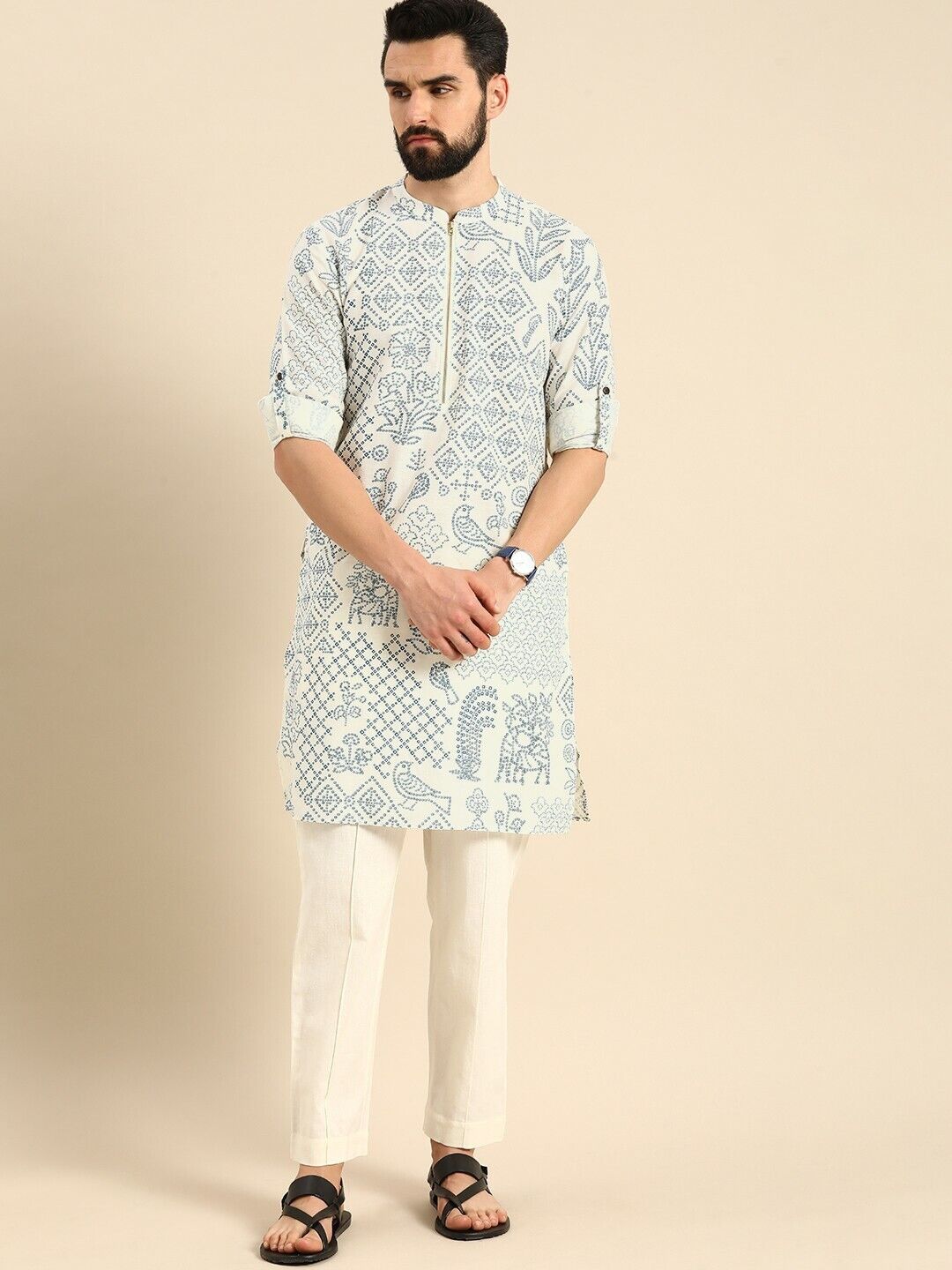 Men Kurta Set - Bollywood Indian Eid White Bandhani Printed Kurta with Trousers