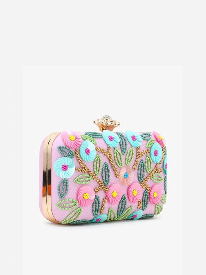 Women Clutches - Pink & Multicolored Floral Embellished Faux Silk Box Clutch