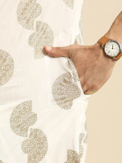 Mens Kurta Set - Off White Ethnic Motifs Printed Pure Cotton Kurta with Pyjamas