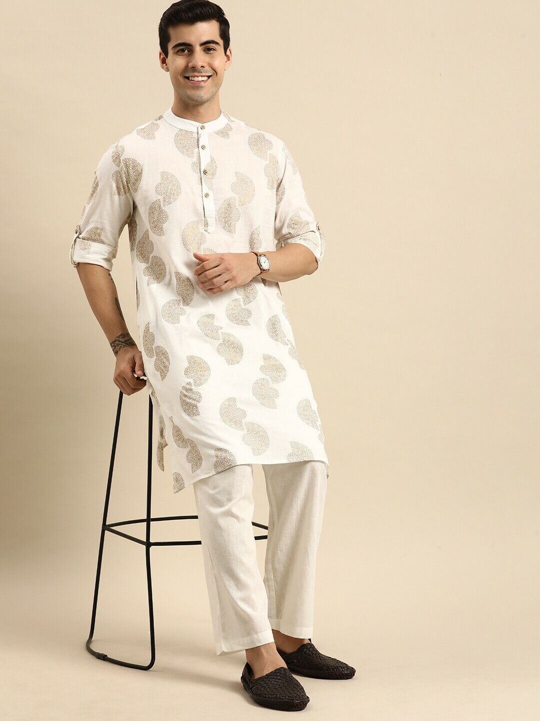 Mens Kurta Set - Off White Ethnic Motifs Printed Pure Cotton Kurta with Pyjamas