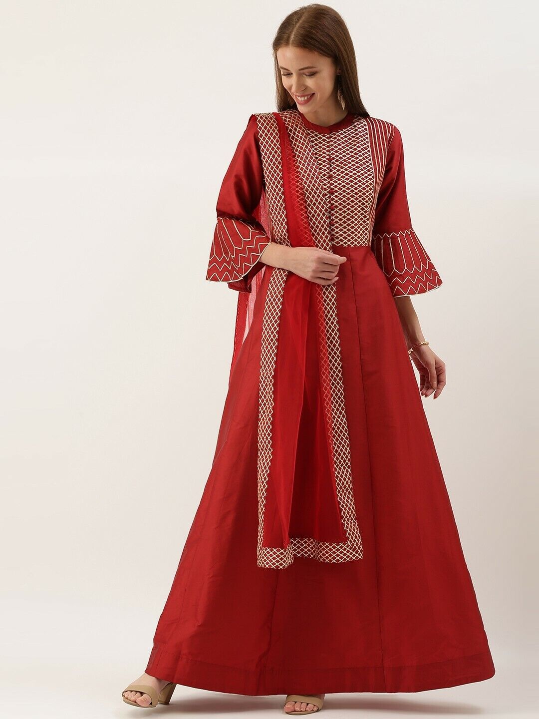 Women Dress - Red Embroidered Gotta Bollywood Eid Diwali Bridal Wedding Dress