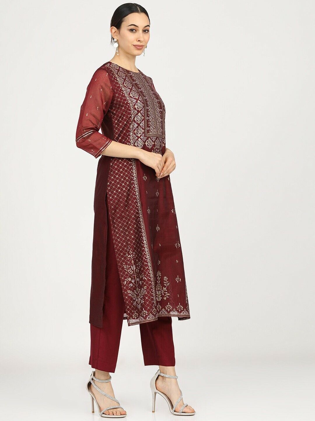 Women Kurta Set- Maroon Ethnic Motifs Regular Kurta with Palazzos & With Dupatta