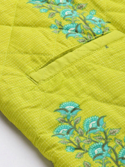 Women Jacket - Green & Blue Floral Printed Bollywood Indian Quilted Jacket