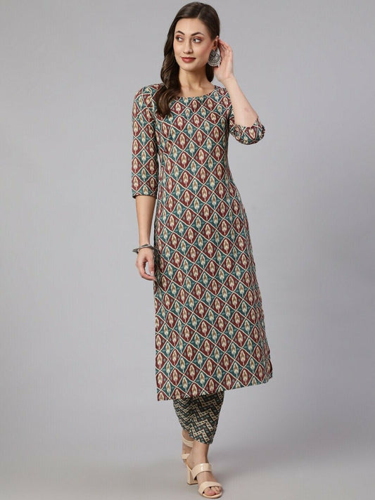 Women Kurta Set - Bollywood Ethnic Motif Printed Pure Cotton Kurta With Trousers