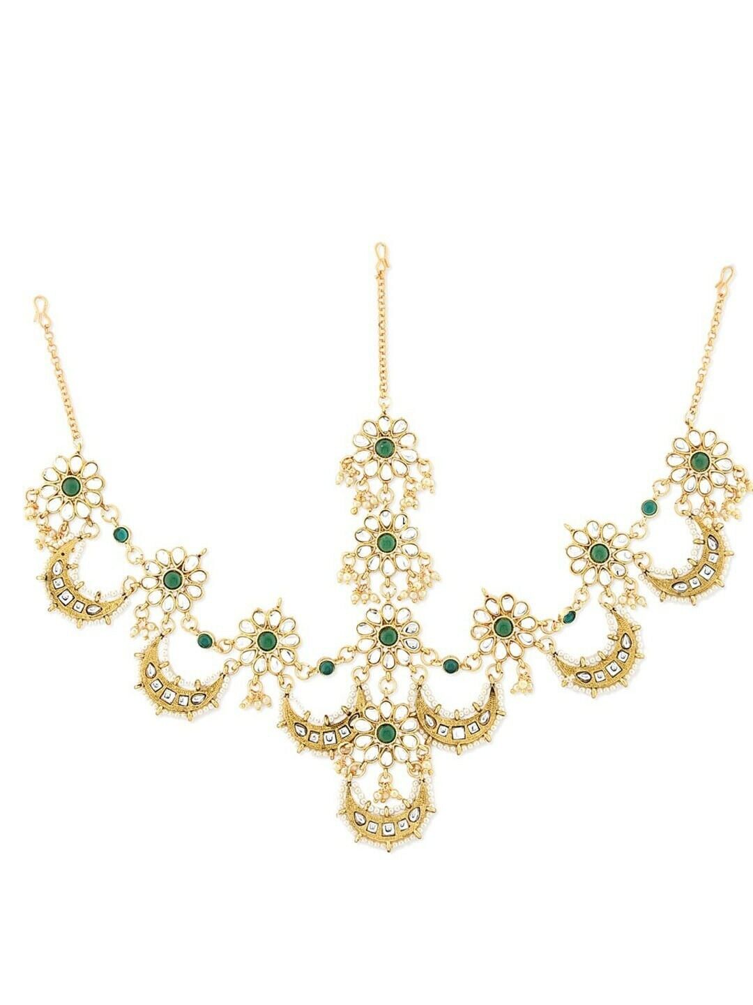 Bollywood Gold-Plated Green & White Stone-Studded & Beaded Mathapatti Maangtikka