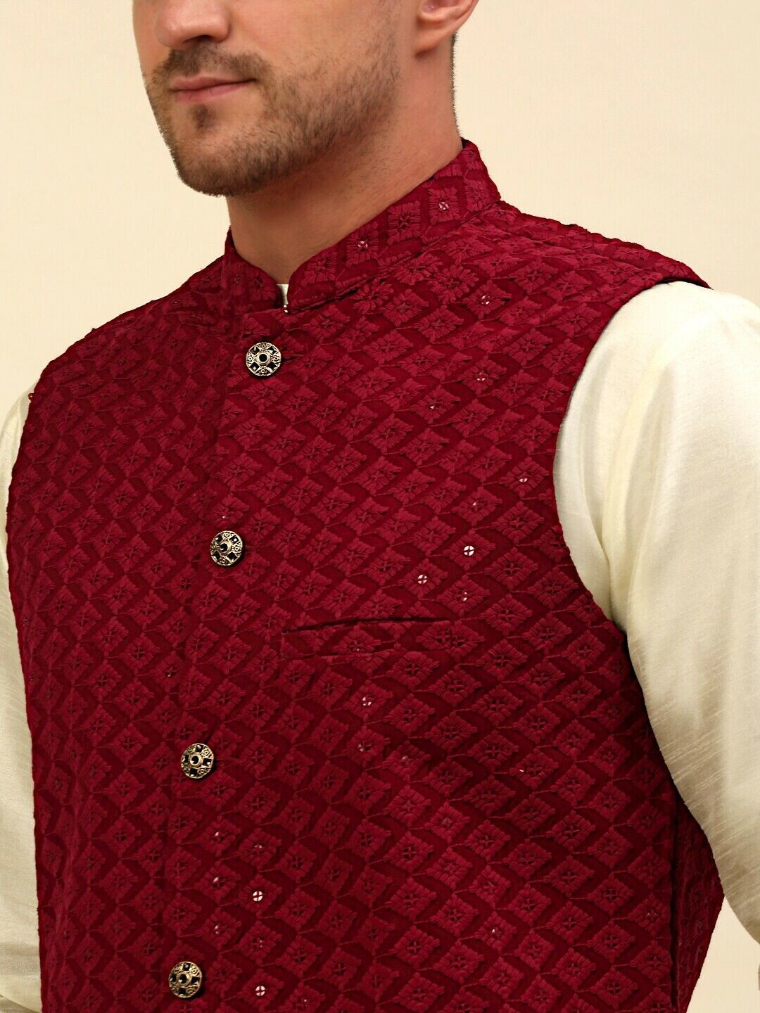 Men Jacket - Maroon Embroidered Sequined Diwali Indian Wedding Nehru Jacket