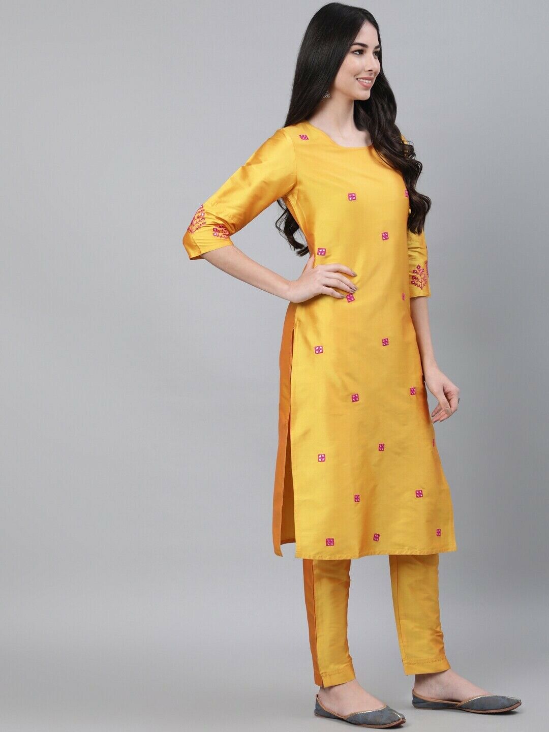 Women Kurta Set - Women Yellow Mirror Work Kurta with Trousers & With Dupatta