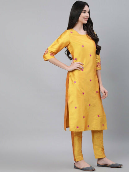 Women Kurta Set - Women Yellow Mirror Work Kurta with Trousers & With Dupatta