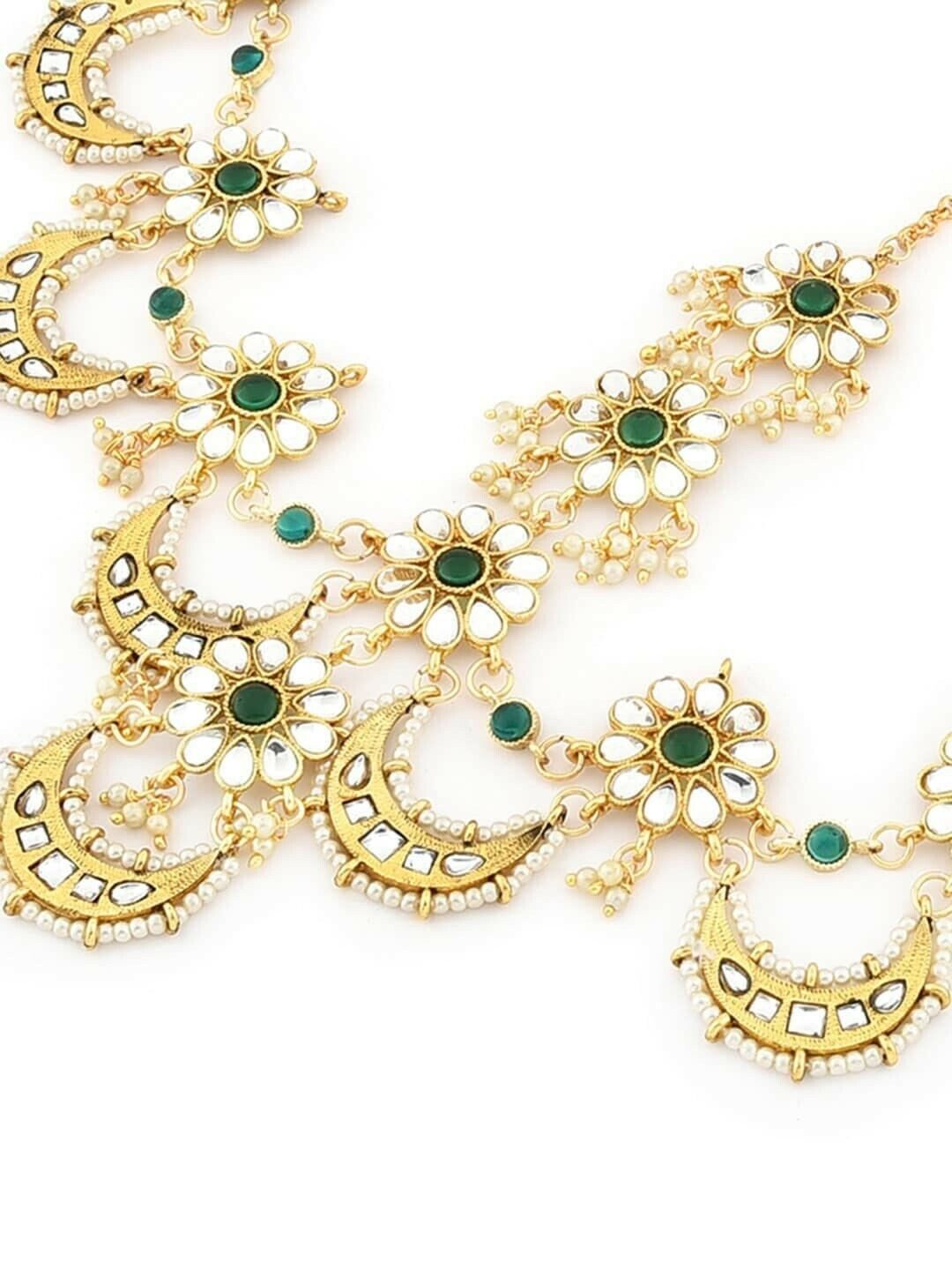 Bollywood Gold-Plated Green & White Stone-Studded & Beaded Mathapatti Maangtikka