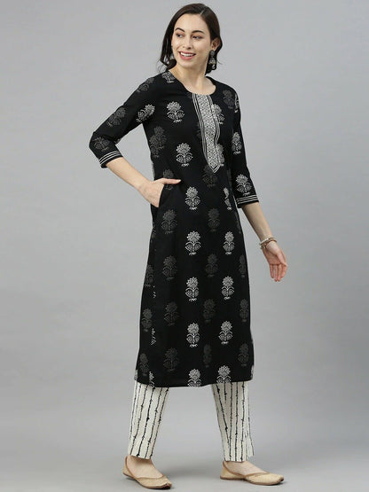 Women Kurta Set - Indian Diwali Black & White Printed Kurta Trousers & Dupatta