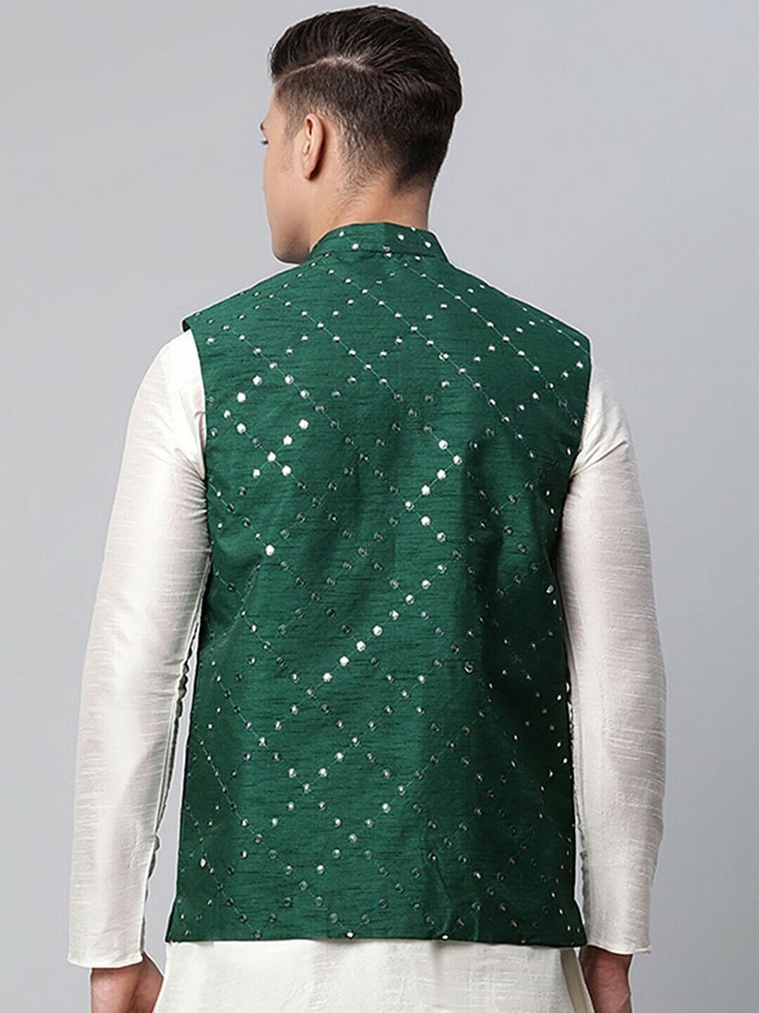 Men Jacket - Men Wedding Wear Green Mirror Work Embroidered Woven Nehru Jacket