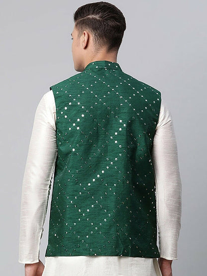 Men Jacket - Men Wedding Wear Green Mirror Work Embroidered Woven Nehru Jacket